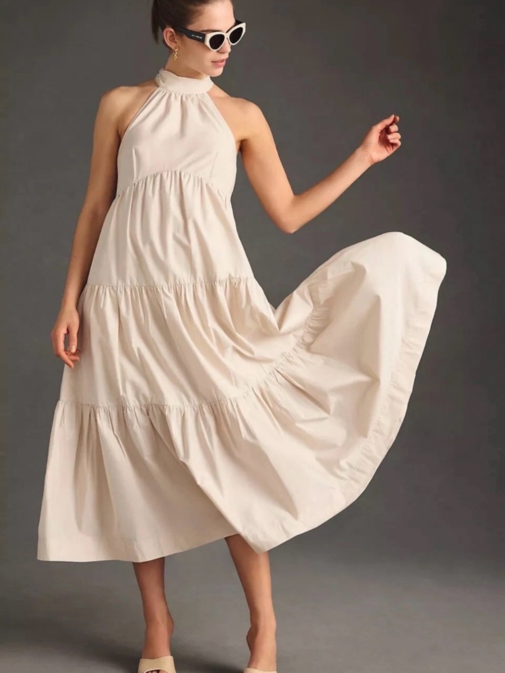 Anthropologie Maeve Cream Halter Tiered Midi Dress Sz 6